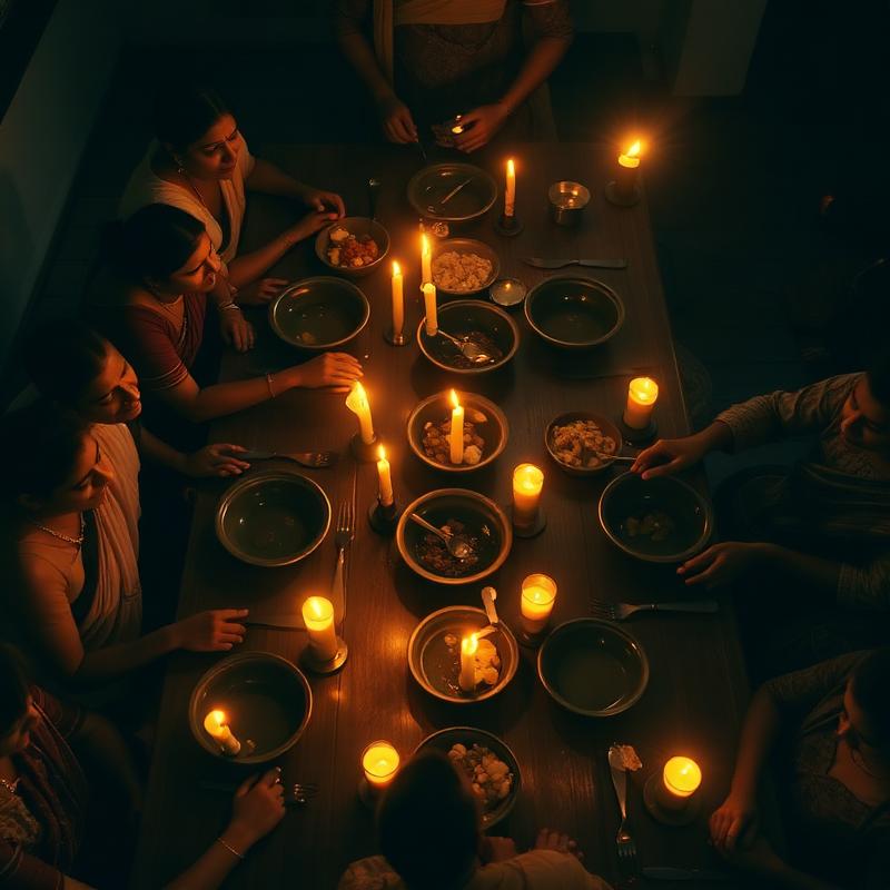 Overhead candlelit communal dinner