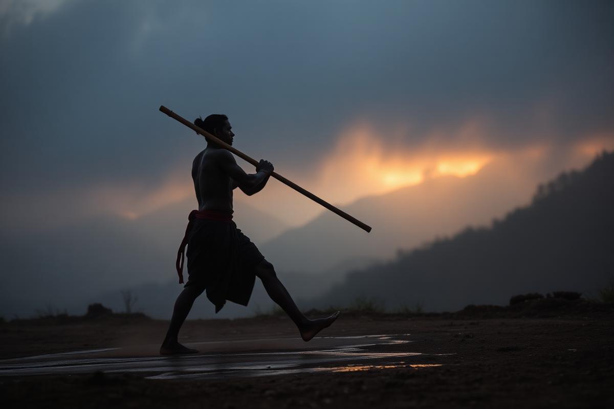 Practitioner with long staff in misty mountain dawn